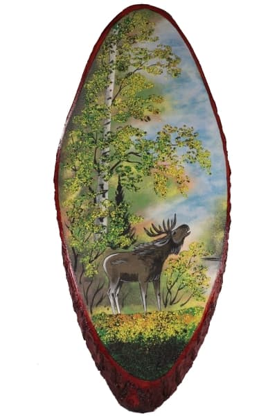 Картина на срезе дерева "Лось в лесу. Осень"